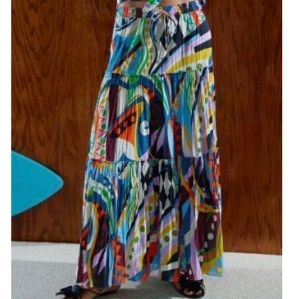 Zara Abstract Artsy Patchwork Block Print Tiered Bubble Pull On Maxi Skirt